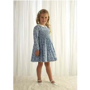 Rachel Riley Girls Pink Floral Ruched Peasant Dress Size 7 Back to School